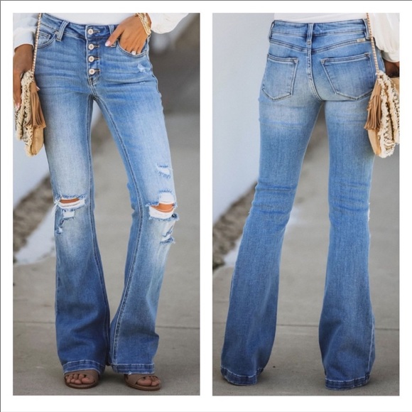 NWT High Rise Distressed Denim Jeans Bell Bottom - Picture 2 of 10